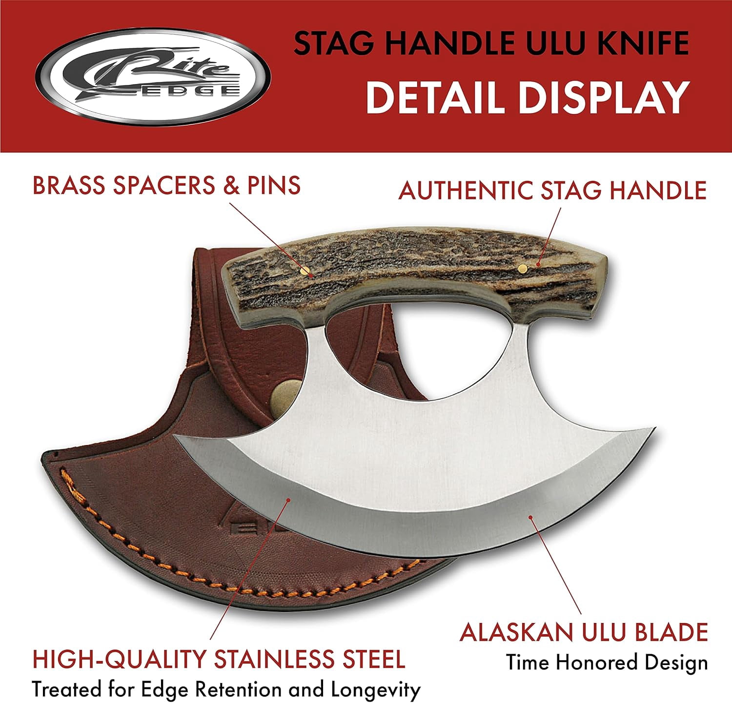 SZCO 5.5" Ulu Knife with Stag Handle and Stainless Steel Blade, Includes Leather Sheath Multi-Purpose Outdoor & Kitchen Tool