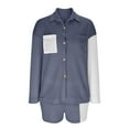 thumbnail image 6 of Usmixi Womens Lounge Set Womens 2 Piece Button Outfits Fashion Color Patchwork Lapel Long Sleeve Corduroy Shirts and Shorts Lounge Sets Ladies Jacket Shirt Matching Sets on Sale, 6 of 6