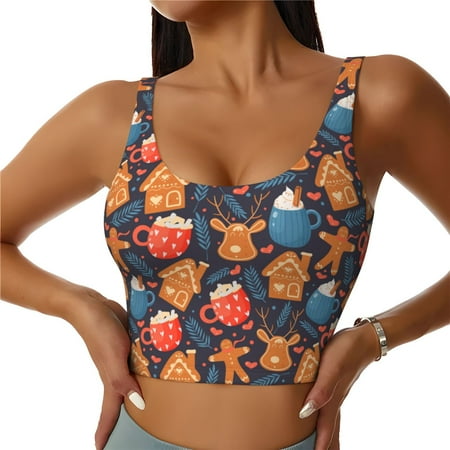 Adobk Snowman house leaf Print Sports Bras for Women Longline Workout Crop Tank Tops Padded with Built in Shelf Padded Sports Bra-X-Large