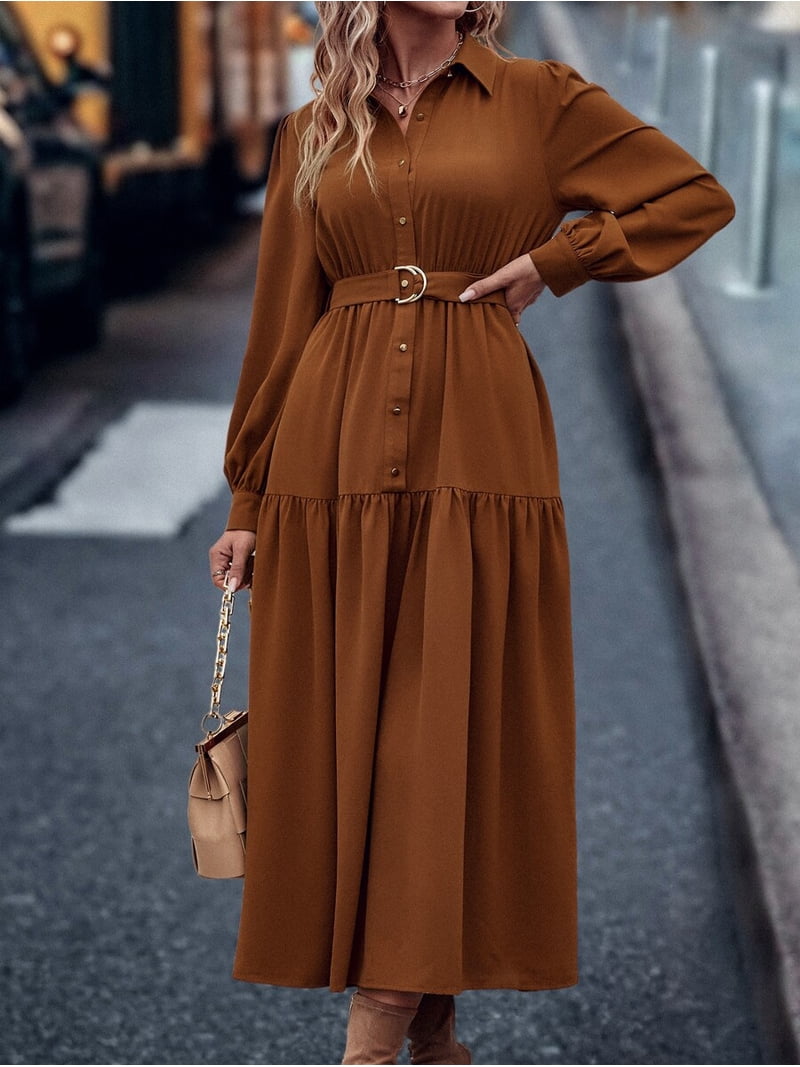 belted shirt dress maxi Chestnut Belted Shirt Maxi Dress XS