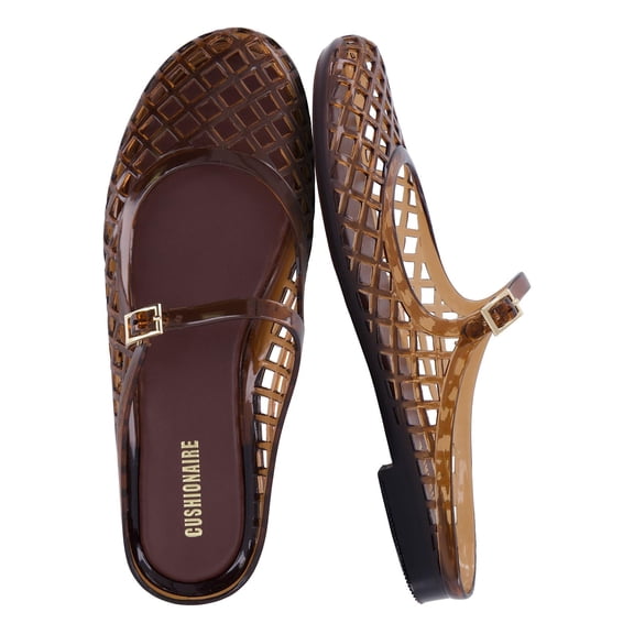 Cushionaire Java Casual Womens Jelly Flats with Adjustable Strap, Closed Toe Mary Janes Mule Design, Waterproof Jelly Sandals for Women