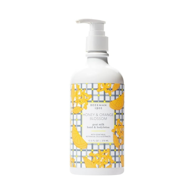 Beekman 1802 Loción corporal de leche de cabra, miel y azahar - Perfumado - 12.5 oz - Hidratante con manteca de karité - Para pieles sensibles - Sin crueldad - El embalaje puede variar - Bomba incluid