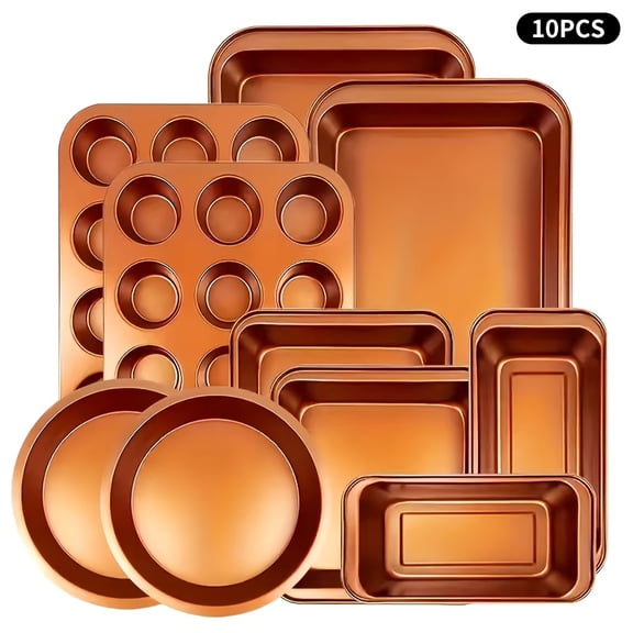 10 Piece Nonstick Bakeware Set with Cooling Rack, Includes Round Square Cake Pan Loaf Muffin Pan Cookie Sheet Baking Tray Dishwasher Safe