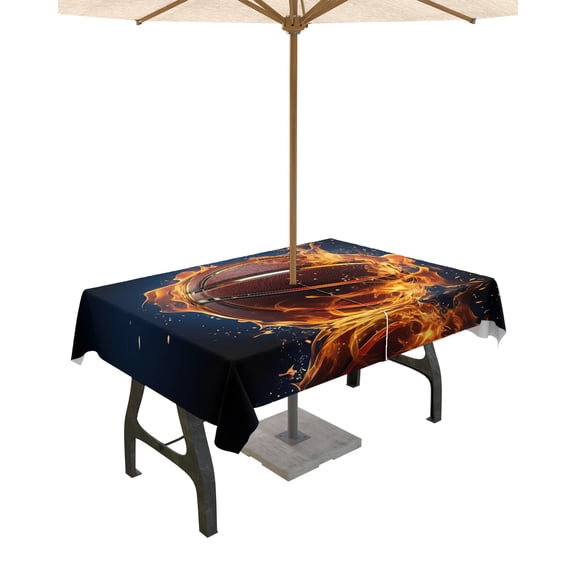 Fsddascl Basketball Outdoor Tablecloth - 52x70 Inch Rectangle Dining Table Cover, Flame Basketball Modern Abstract Art Waterproof Outdoor Table Cloth with Umbrella Hole & Zipper for Picnic/Patio