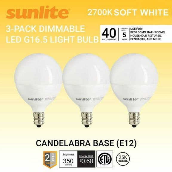 Sunlite LED G16.5 Globe Light Bulb, 5 Watts (40W Equivalent), 350 Lumens, 2700K Soft White, Dimmable, Candelabra E12 Base, Short Bulbs, Vanity Bulbs, Frosted, 3 Count