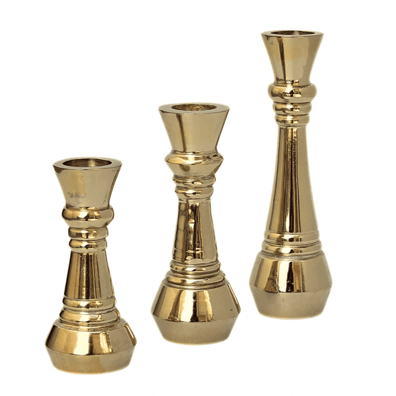 Shiny Brass Gold Taper Candle Holders Set of 3 – Bohemian Decorative Candlestick Set for Wedding Dining Party – Fireplace Mantel & Table Centerpieces