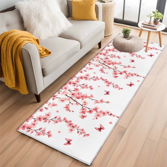 Cherry Blossoms Kitchen Runner Rug 2x6 Washable Runners for Hallway Non Slip Spring Botanical Flowers Watercolor Large Area Rug Indoor Floor Carpet for Bathroom Laundry Entryway Bedroom Living Room