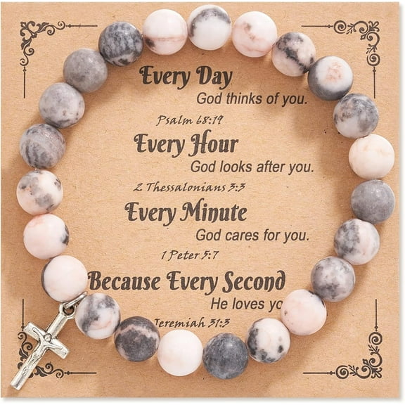 Ladies Christ Gift, Natural Stone Cross Bracelet, Religious Catholic Faith Gift with Quote Card