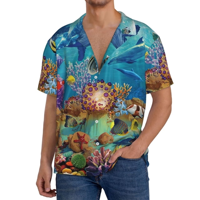 Fotbe Sea World Camisa Estampada de Manga Corta para Hombre, Casual de Verano, Estilo Playero, Sin Arrugas-3X-Large