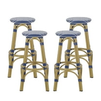 Dohney Outdoor French Aluminum 29.5 Inch Barstools, Set of 4, Navy Blue, White, and Bamboo Finish