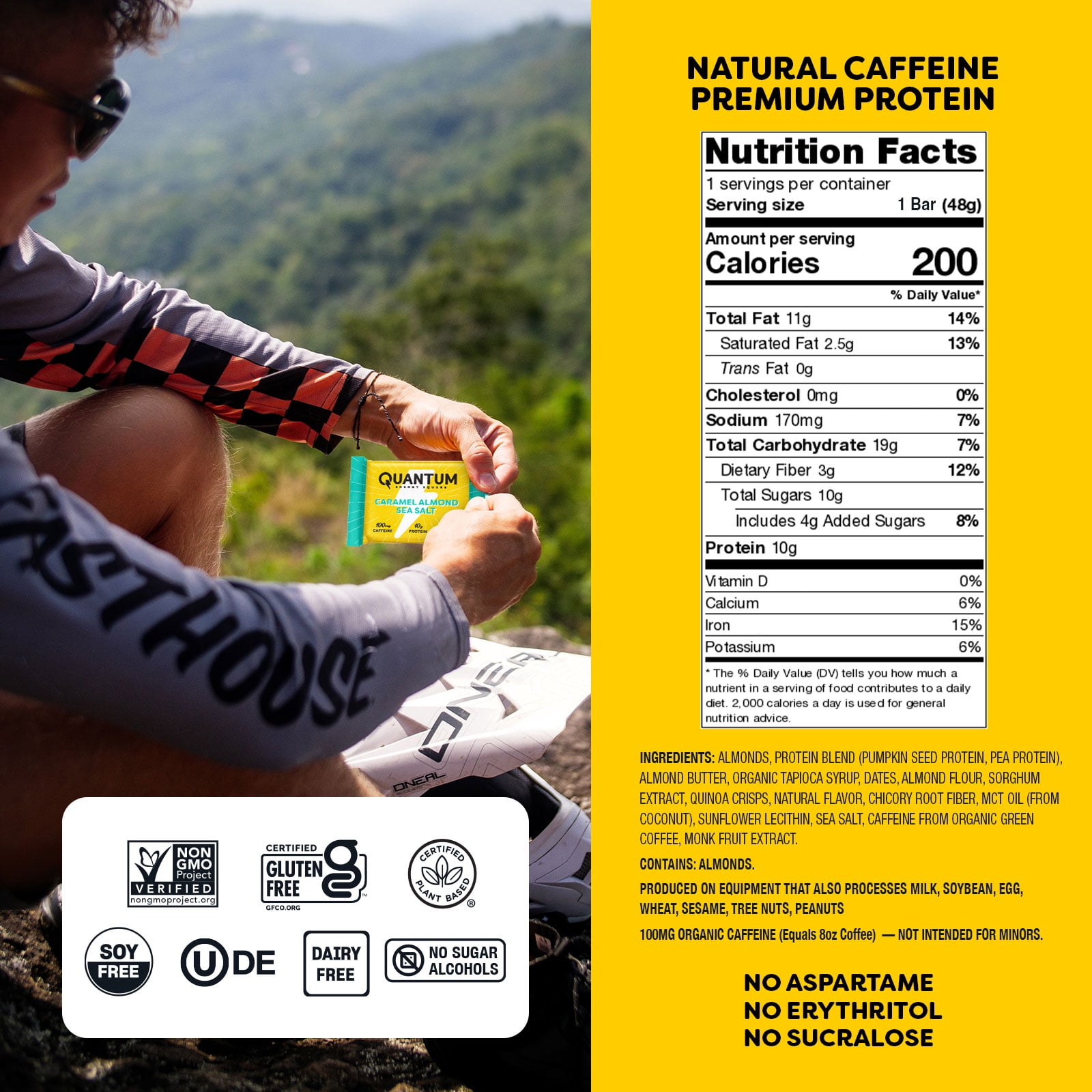 Quantum Energy Square: Energy Bar with Caffeine & 10g Protein. Delicious Healthy Snack On The Go. (Vegan, Gluten-free, Soy-free, Dairy-free). Flavor: Caramel Almond Sea Salt 8Pk