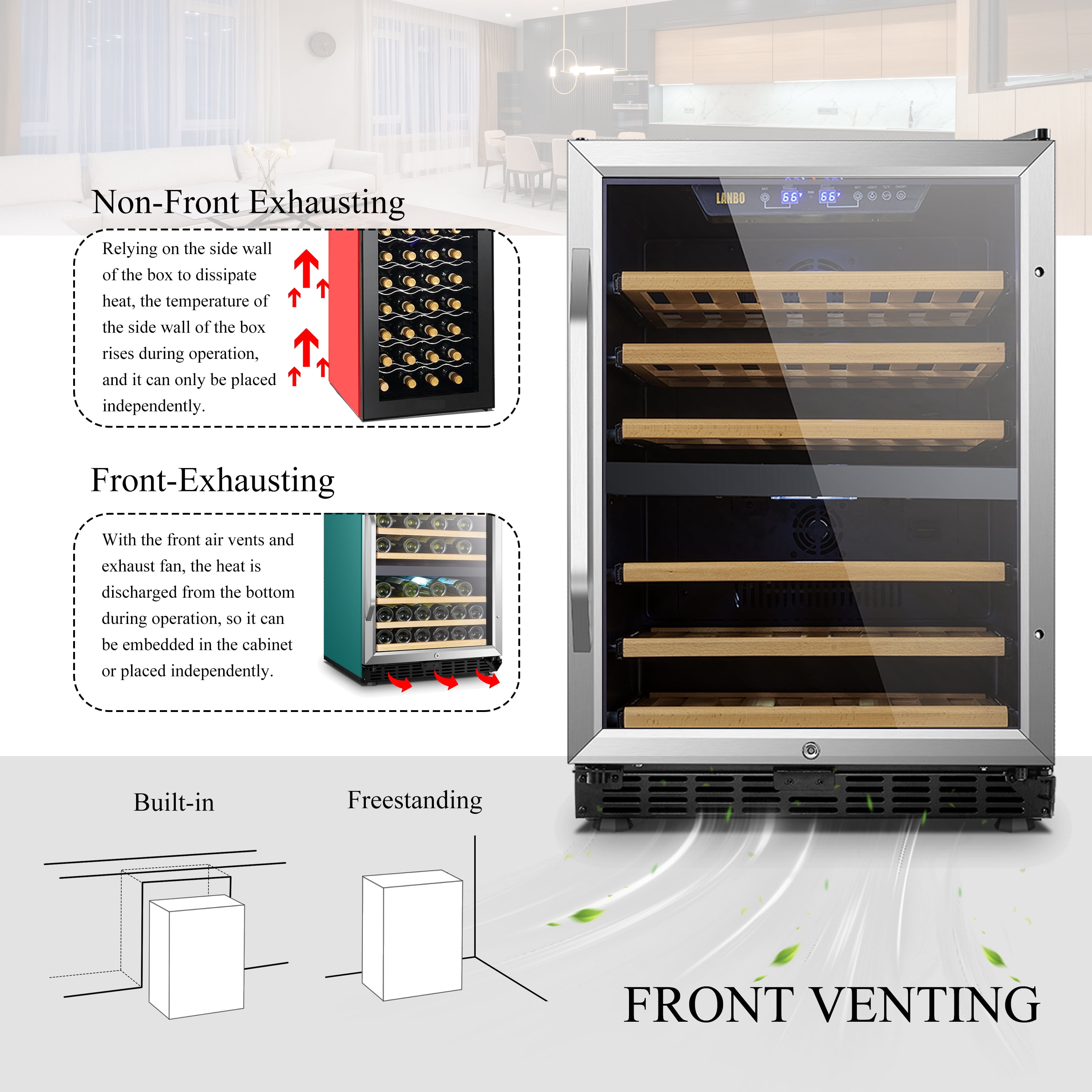 Lanbo 24 inch Width 44 Bottle Built-in Compressor Dual Zone Wine Cooler