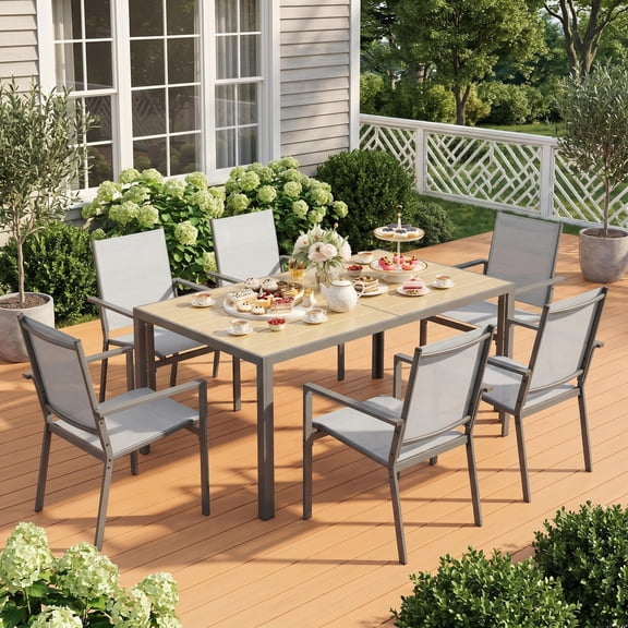 Lofka 7-Piece Outdoor Patio Dining Set ,Patio Conversation Set with 1 Metal Steel Table and 6 Textilene Chairs for Courtyard, Backyard, Pool,Gray