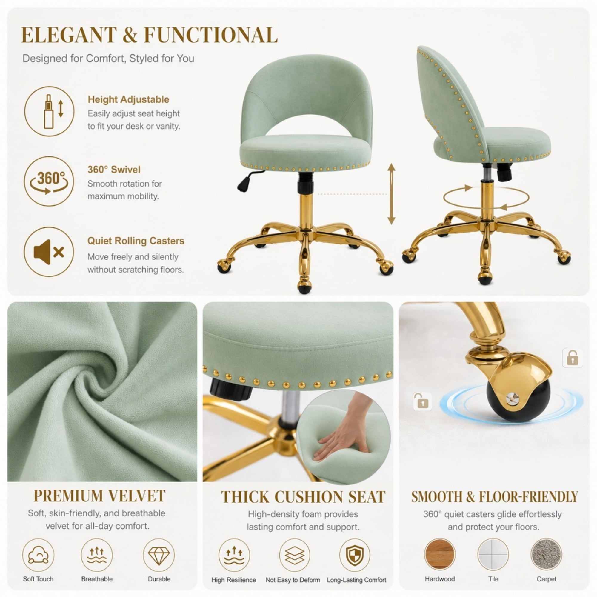 Ktaxon Office Desk Chair Adjustable Flannel Computer Task Chair Small Rolling Vanity Stool with Wheels for Study Make-up Light Green