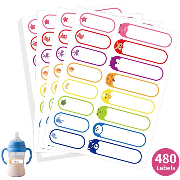 Etiquetas autoadhesivas MOWPOG, 480 unidades, impermeables para guarderías infantiles