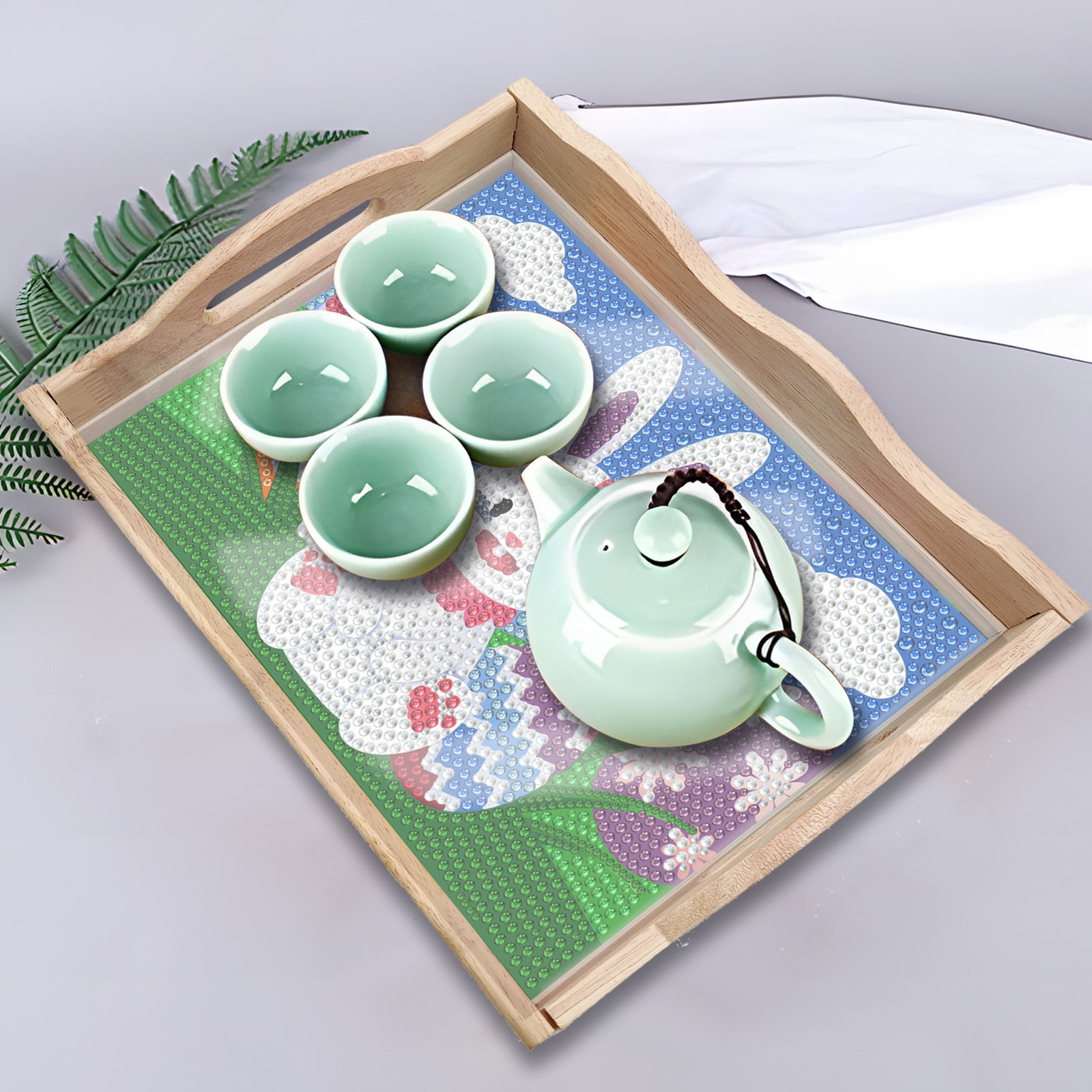 FLOPESN 2Pcs Easter Bunny DIY Diamond Art PaintingTray, Creative Design Handmade Wooden Dinner Plate For Kitchen、Coffee Shop