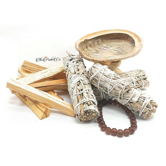 Smudge 4" White Sage (3) & Palo Santo Sticks (7) With Bracelet & Abalone Shell