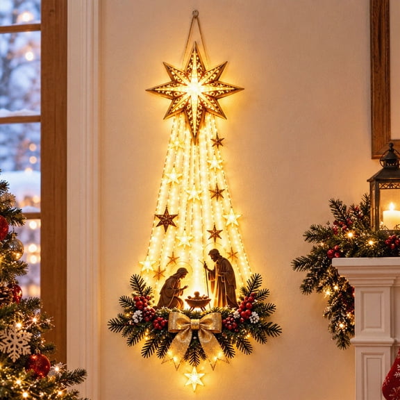 Lighted Nativity Bethlehem Star Wall Decor – Warm LED Star Lights, Gold, Indoor & Outdoor Christmas Wall Hanging Decoration
