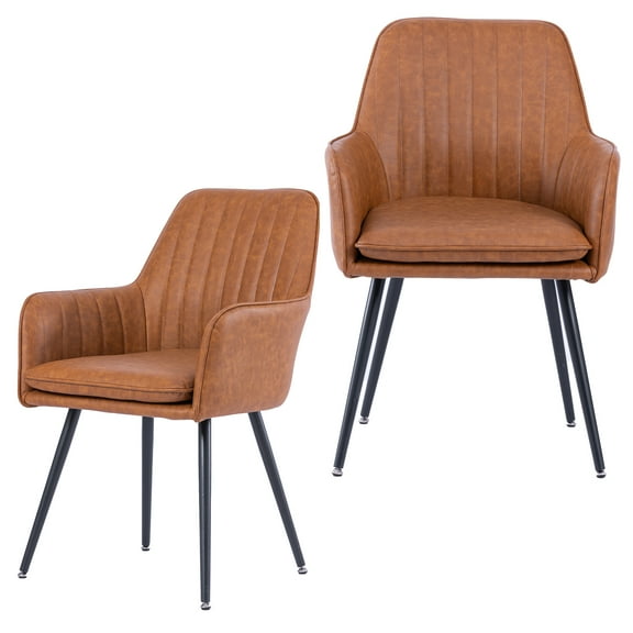 Purgreen Faux Leather Dining Chair Set of 2 - Modern Mid-Back Accent Chair with Metal Legs - Upholstered Chairs for Kitchen, Living & Dining Room ,Vanity Chairs,Leather Brown