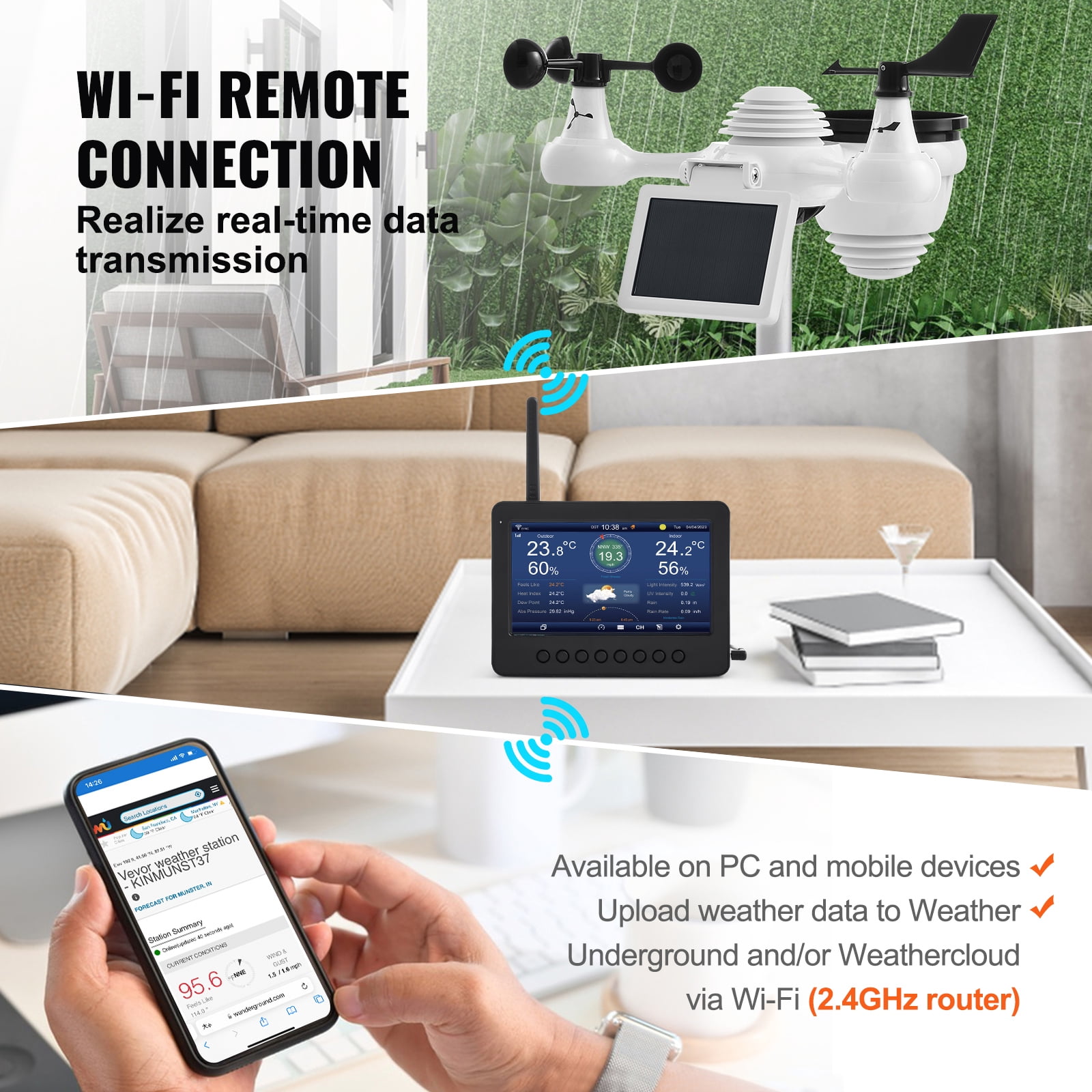 KFFKFF 7 in 1 WiFi Weather Station with Solar Panel, 7 in Color Display for Indoor/Outdoor, TFT Weather Station for Temperature, Humidity, Wind, Rainfall and Forecast