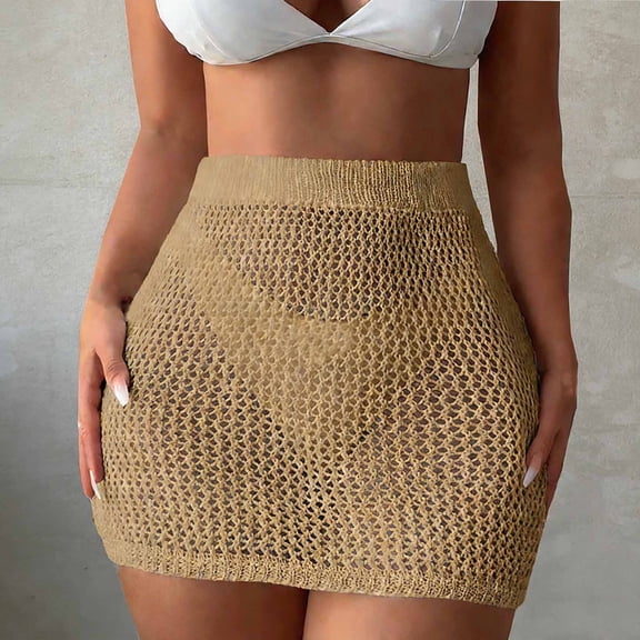 Swimsuit Cover Up for Women Mesh Crochet Knit Mini Skirt See Through Hollow Out Beach Skirt Tummy Control Bathing Suit Wrap