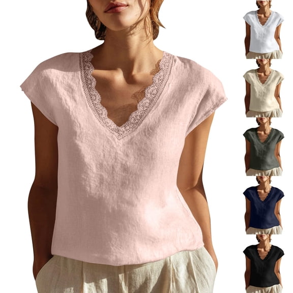 Helii Black Tank Tops for Women Women's Cotton Linen V Neck Lace Trim Cap Sleeve Casual Summer Vacation Blouse Top