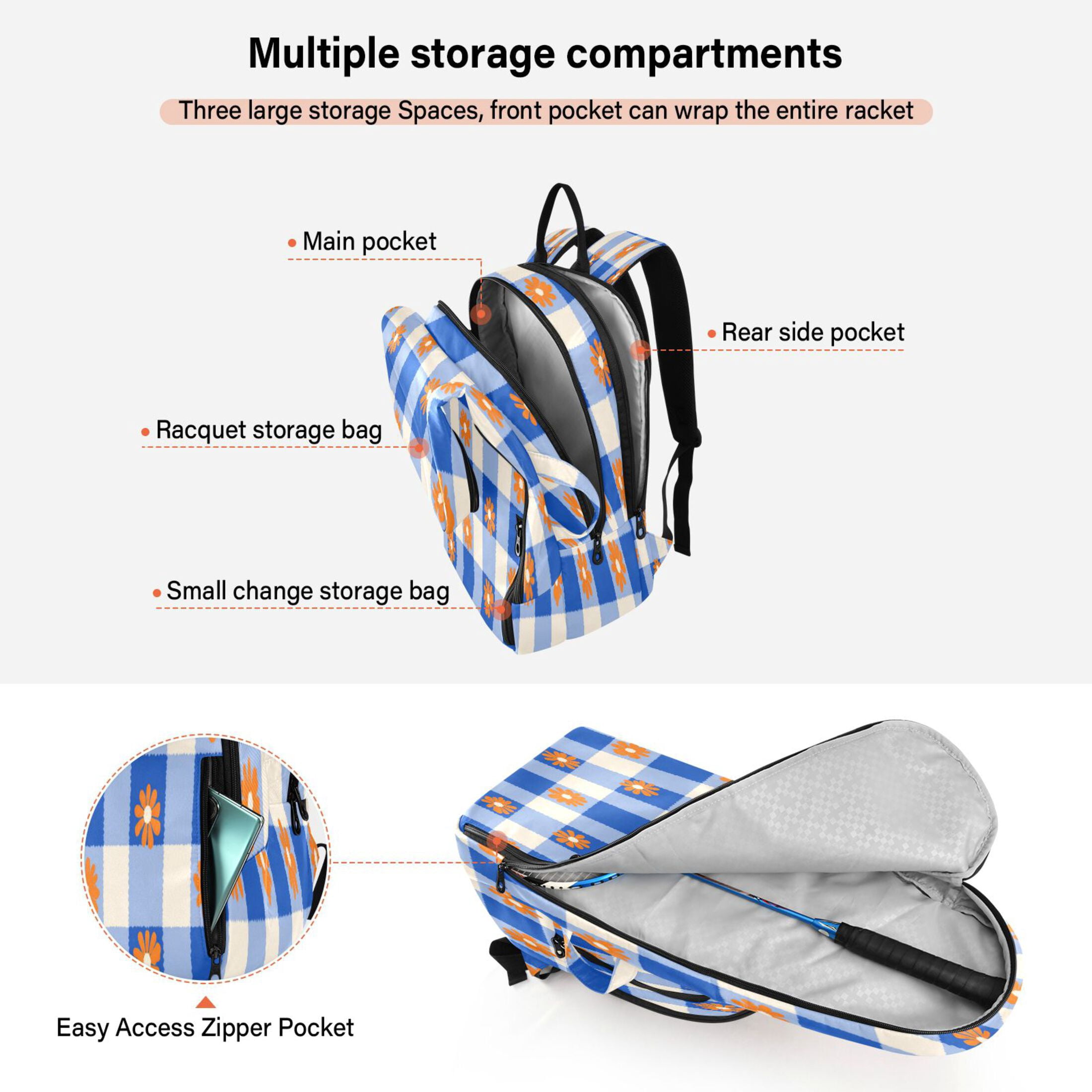2 Racquet Holder Tennis Backpack Tennis Racket Covers Gym Bags Orange Flowers on Checkered Pattern