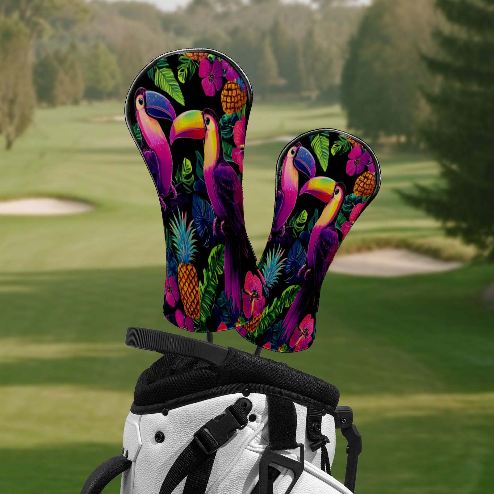 Golf Head Covers for Woods and Driver Waterproof Leather Golf Club Head Covers for Women Men Golf Driver Fairway Wood Headcover Toucan & Pineapple Jungle Design