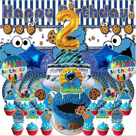 Cookie Monster 2nd Tableware Balloons Cake Toppers Backdrop Banner Supplies Party Decor Plates Decorations