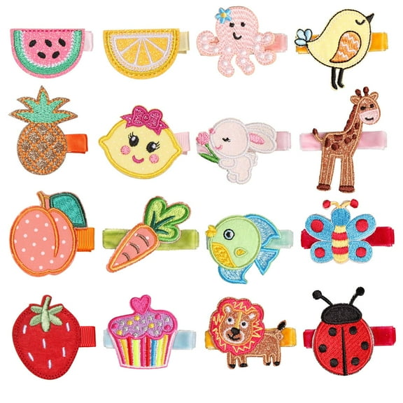 16 Pack Embroidery Cute Fruit Animal Fully Lined Alligator Hair Clips Accessories Barrettes for Baby Girl Toddlers Infants Kids Teens One Size
