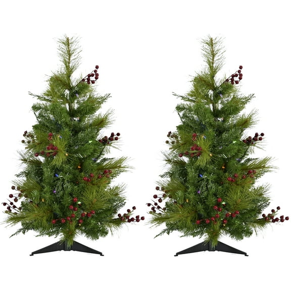 Fraser Hill Farm Set of Two 4-Ft. Newberry Pine Artificial Trees with Multi-Colored LED String Lights, FFNP056-6GRB/SET2