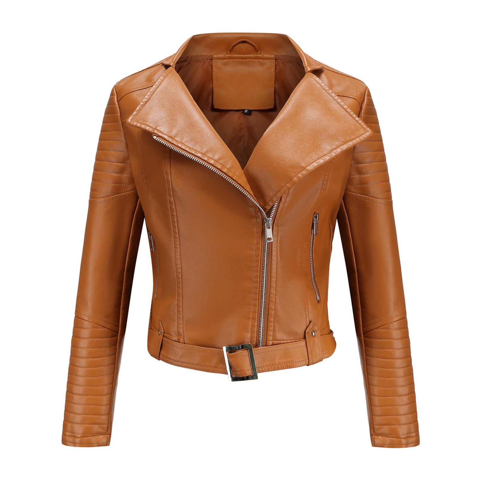 IROINNID Women's Short Faux Leather Jacket Notch Lapel Solid Color Long Sleeve Loose Warm Jacket Slim Winter Hoodless Coats, Khaki