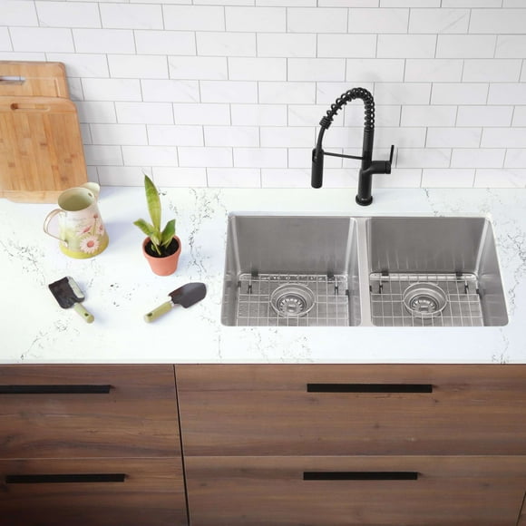 Stylish Dual-Mount 31" Double-Bowl Stainless Steel Kitchen Sink with Strainers and Grids S-401G