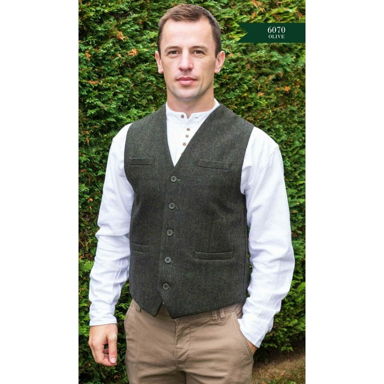 Men's Herringbone Tweed Vest, 5-Button Closure, Wool Blend