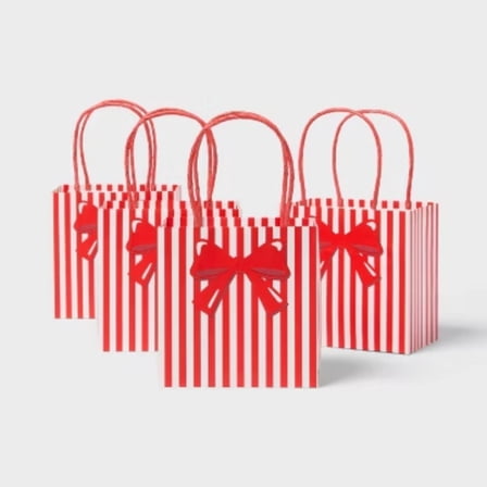 4pk Petite Square Bow Striped Gift Bags Red/White - Spritz