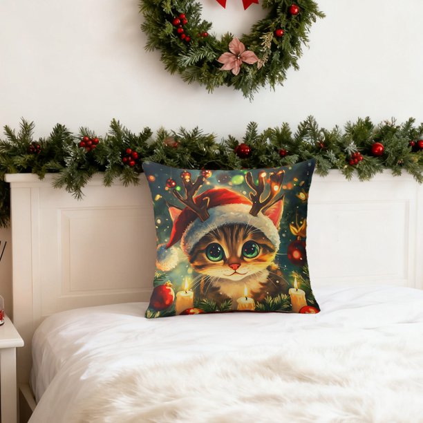 CaiYueKe Christmas Pillow Cover Holiday Decor Cute Cat Tree Design Linen Throw Pillowcase Seasonal Sofa Bed Couch Decorative Home Accent Festive Gift