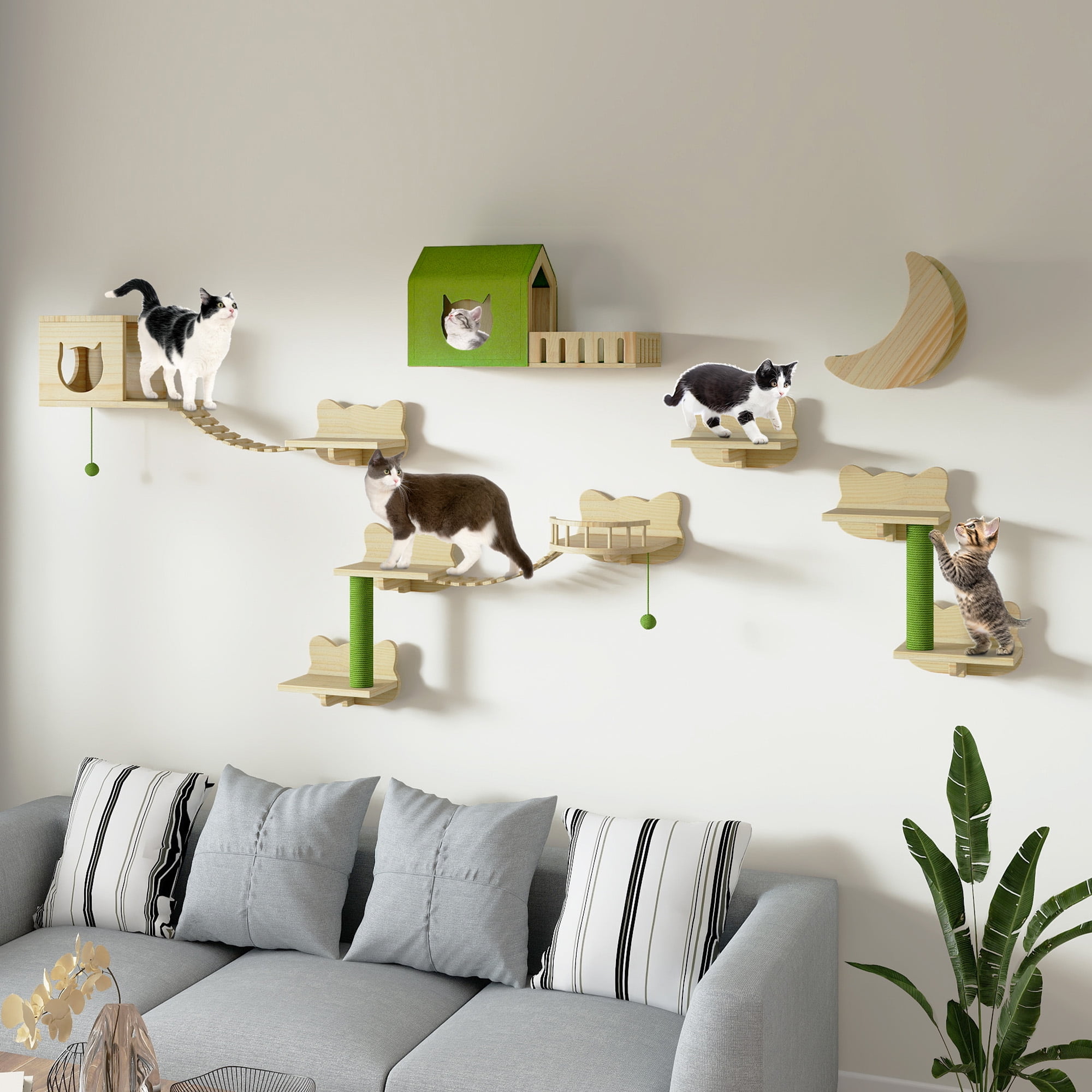 Craftian Wall Mounted Solid Wood Cat Wall Shelves with Wall House & Fence