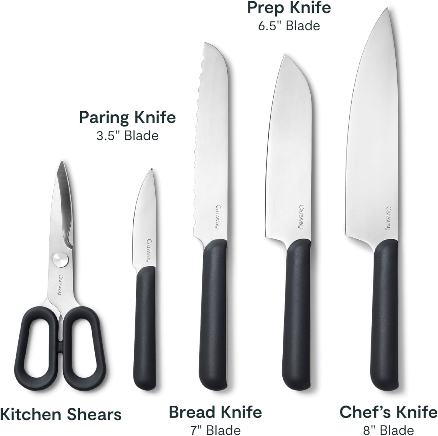 Caraway 5 Piece Knife Set - Premium German Steel Blade Kitchen Knives - Ergonomic Handles - No Microplastics - Charcoal