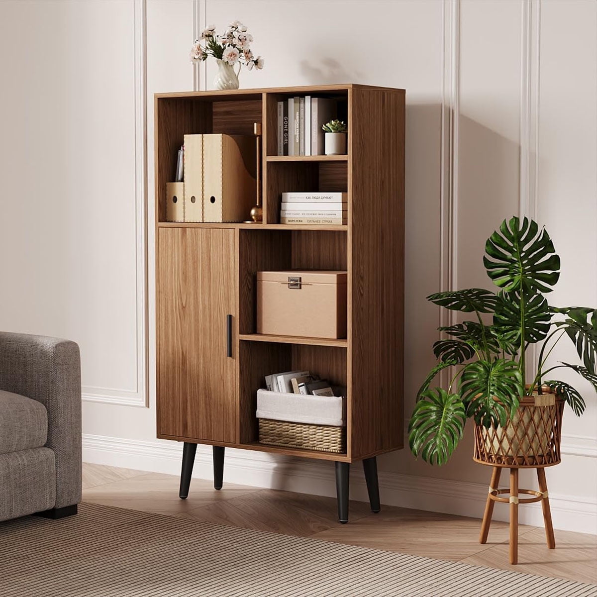Ataucjin 4-Tier Display Walnut Bookcase,Book Shelf Cube Storage Cabinet with Legs, Freestanding Open Book Shelves for Living Room Furniture