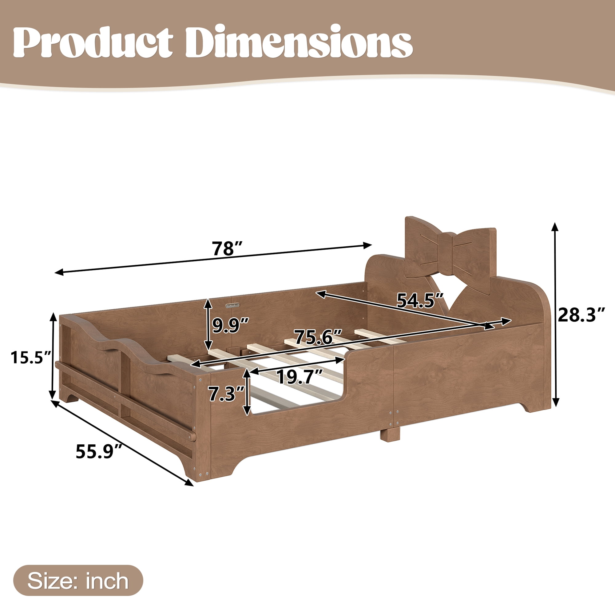 Leumius Full Platform Bed,Modern Wood Frame Bed with Full Surround Guardrails & Built-in Side Bookshelf for Kids Room,No Box Spring Needed,Deep Natural