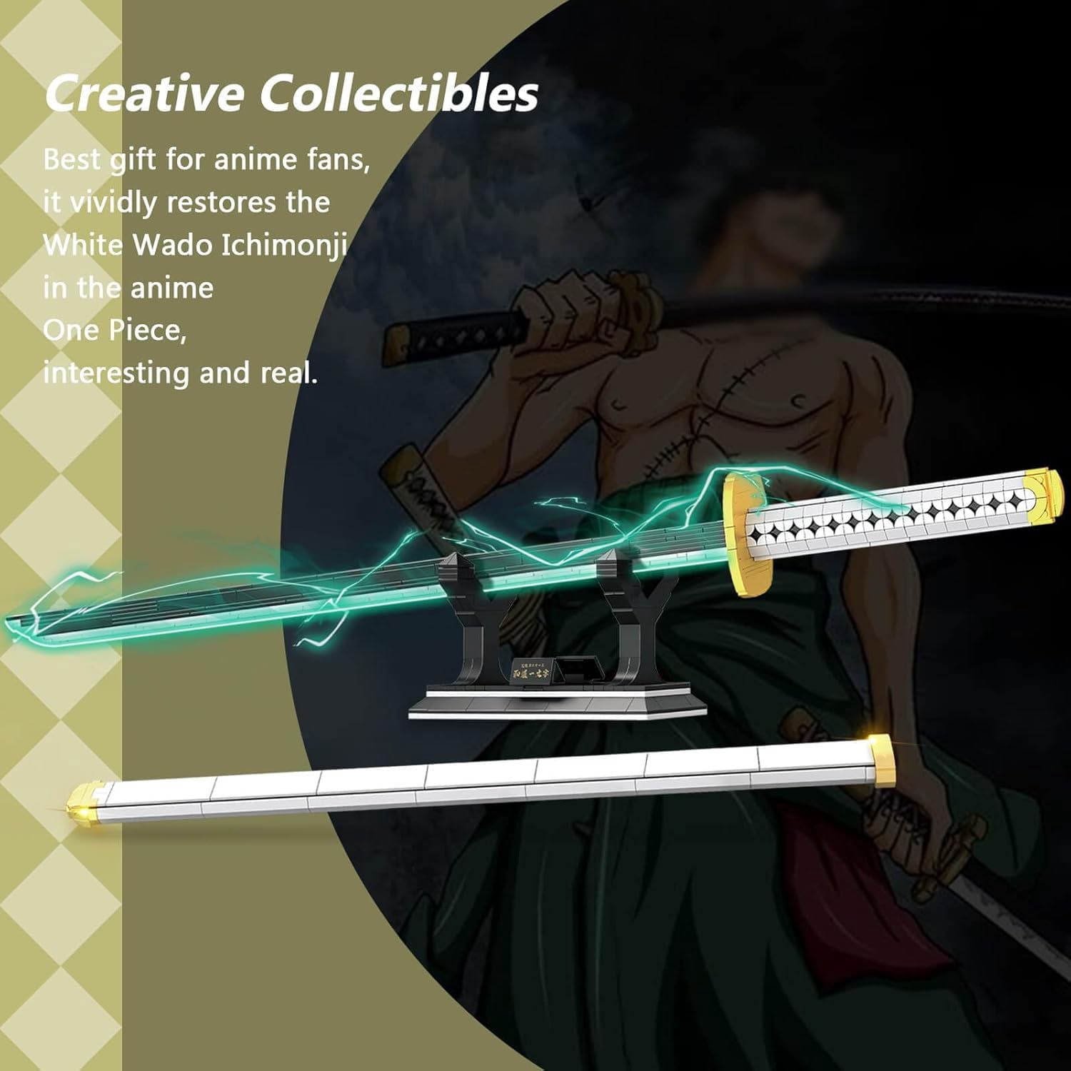 Anime Cosplay Swords Building Set, 806 Piece One White Ichimonji Yamato Sword, 39IN Roronoa Zoro Katana with Scabbard and Bracket for Adults and Kid 8+ (Luminous)