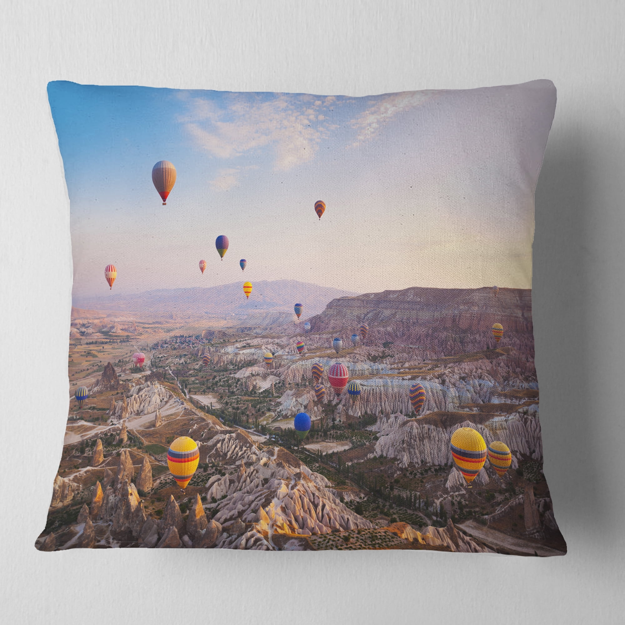 Designart Hot Air Balloon Flying - Photography Throw Pillow - 16x16
