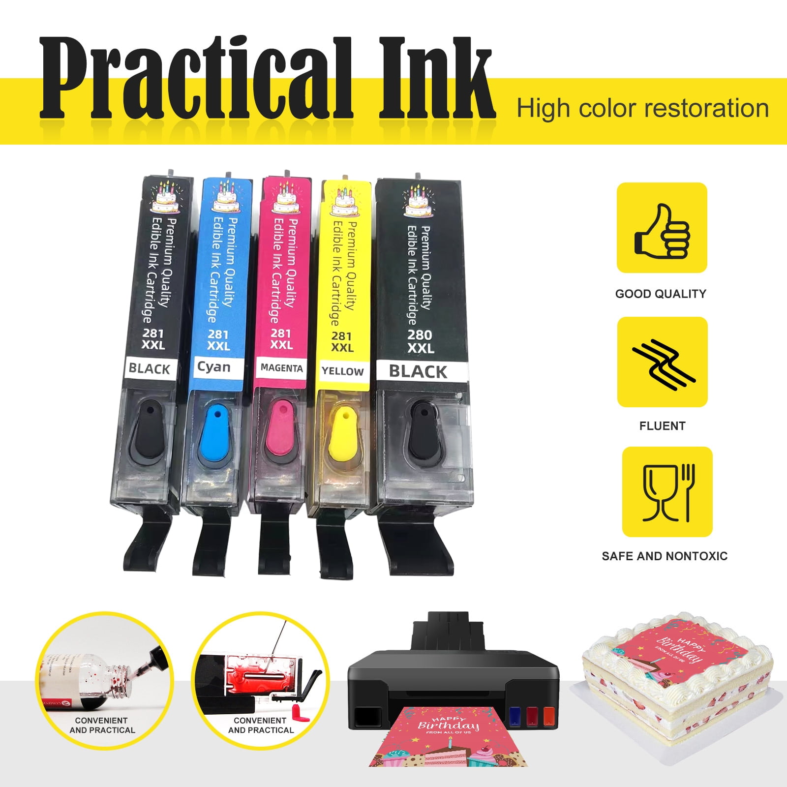 Premium Edible Ink Cartridges 280/281 XXL, Compatible with Canon Printers, 5-Color Set for Cake and Food Printing