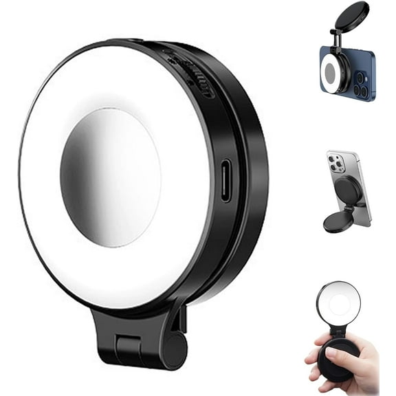 CRI 95  Magnetic 3-in-1 Selfie Light with Mirror, 360° Rotating Mobile Phone Ring Led Light Clip, Portable Small Clip On Phone Selfie Light for Selfies, Video Recording Call (Black)