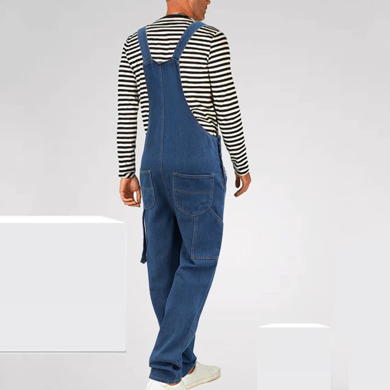 Men's Denim Bib Overall Jean Romper Vintage Wash Workwear Adjustable Strap Loose Fit Hip Hop Jumpsuit with Mulit Pocket