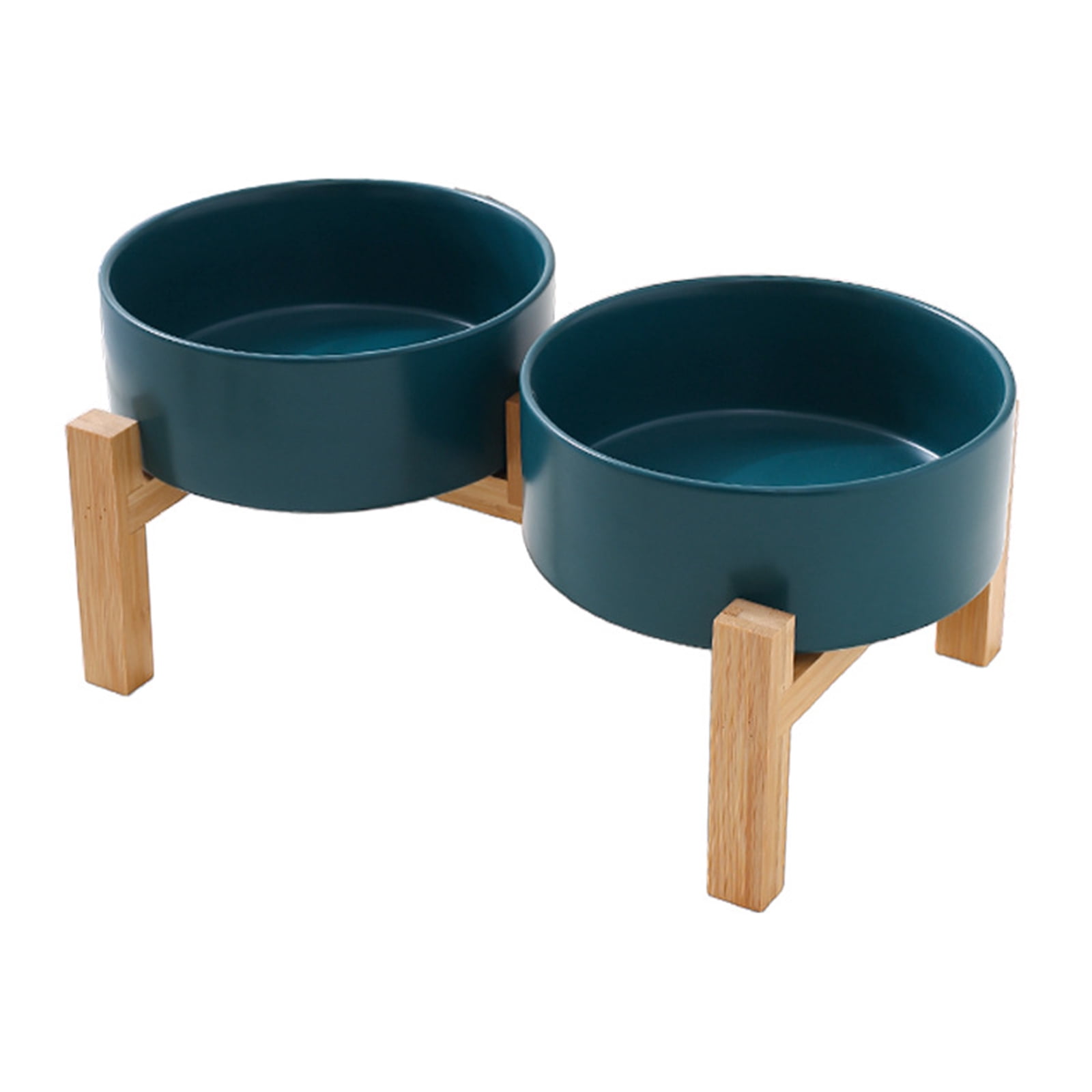 Ceramic Pet Double Bowl Dish Set with Wood Base Small Dog and Cats Feeding Station NonSpill Design for Home Use
