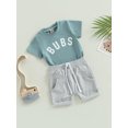 thumbnail image 3 of Cenuakty Toddler Baby Boy Summer Clothes Suits Letter Print Short Sleeve Crew Neck T-Shirts Tops Elastic Waist Rolled Hem Shorts 2Pcs Set, 3 of 9