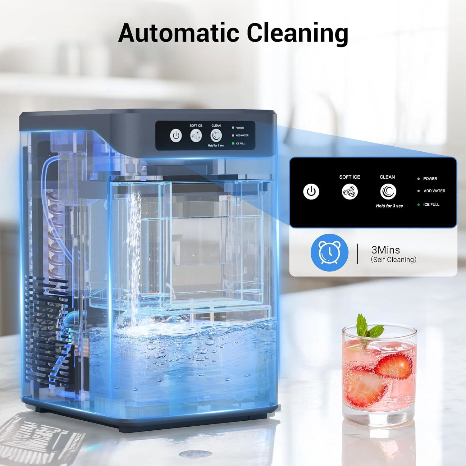 Nugget Ice Maker Countertop with 0.8Gal Removable Tank, 44Lbs/24H, One-Touch Fast Ice in 6 Mins, Self-Cleaning & Ultra Quiet for Home/Office/Party