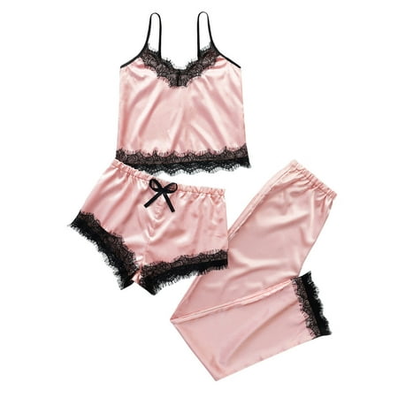 

Intimates Womens Pajamas Cool Satin Cami Shorts Set Lightweight Nightwear Silk Pajamas For Women Polyester Simple Long Sleeve Shirts for Women Pink