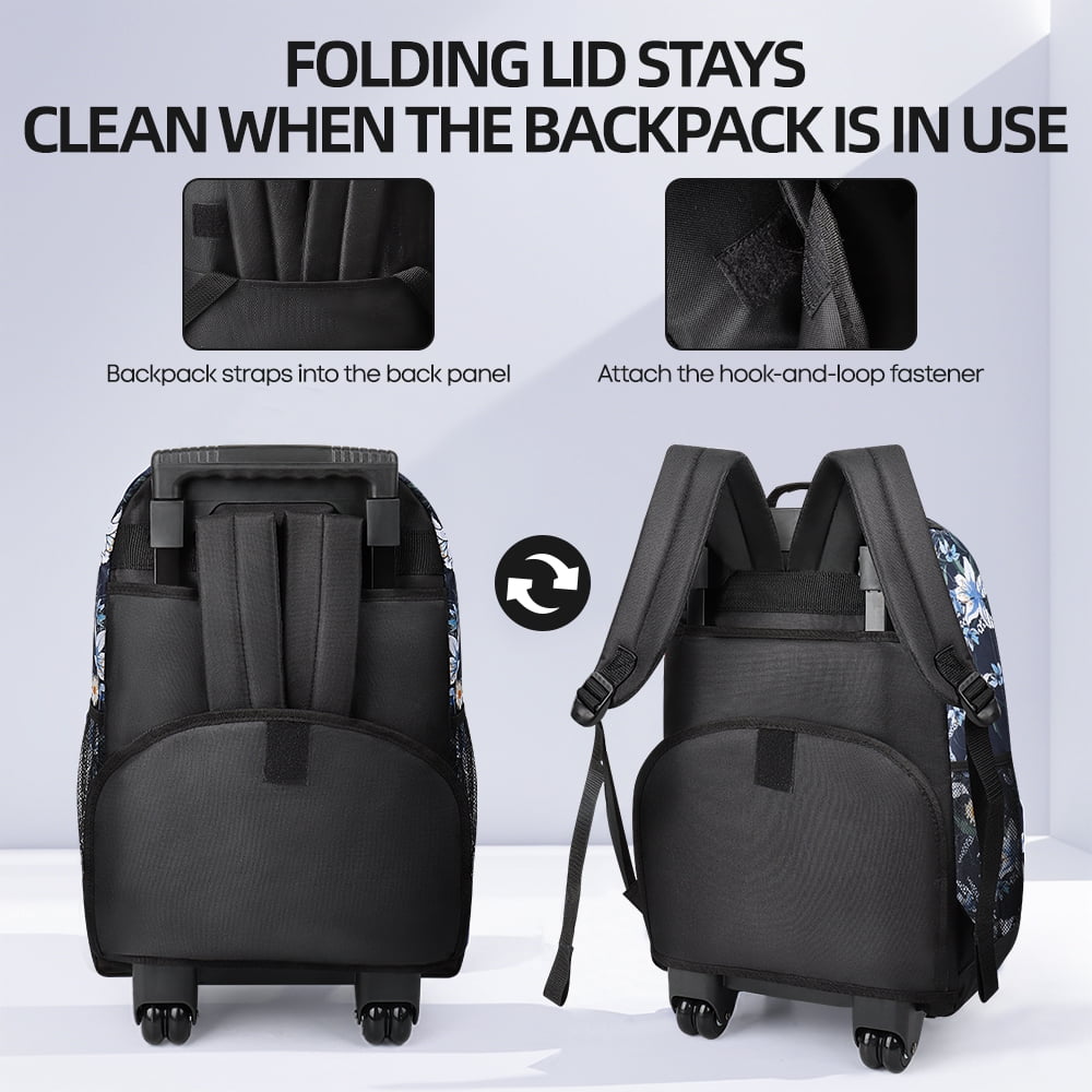 20" Rolling Backpack for Women Men, 2 in 1 Carry-on Travel Backpack with Wheels & Handle for Work, Weekend, School, Short Trips, Blue Lilies - JH2561